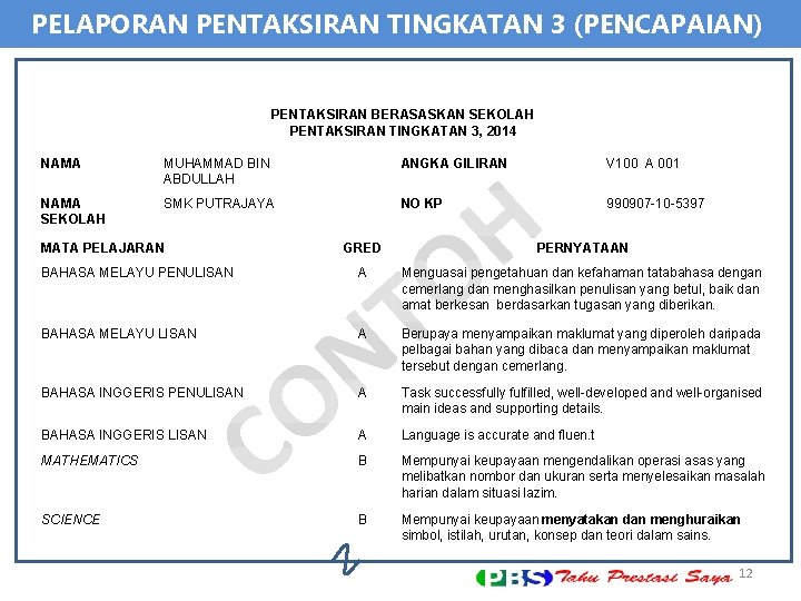 PELAPORAN PENTAKSIRAN TINGKATAN 3 (PENCAPAIAN) PENTAKSIRAN BERASASKAN SEKOLAH PENTAKSIRAN TINGKATAN 3, 2014 NAMA MUHAMMAD