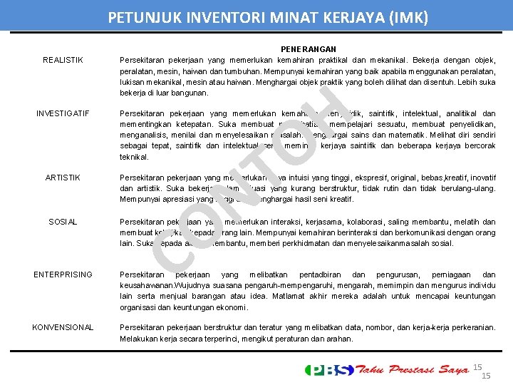 PETUNJUK INVENTORI MINAT KERJAYA (IMK) REALISTIK PENERANGAN Persekitaran pekerjaan yang memerlukan kemahiran praktikal dan