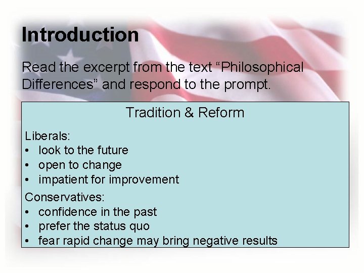 Introduction Read the excerpt from the text “Philosophical Differences” and respond to the prompt.