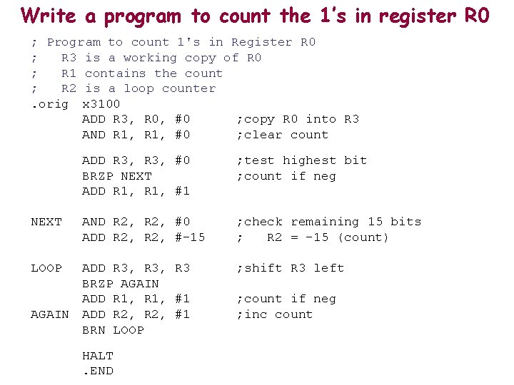 Write a program to count the 1’s in register R 0 ; Program to