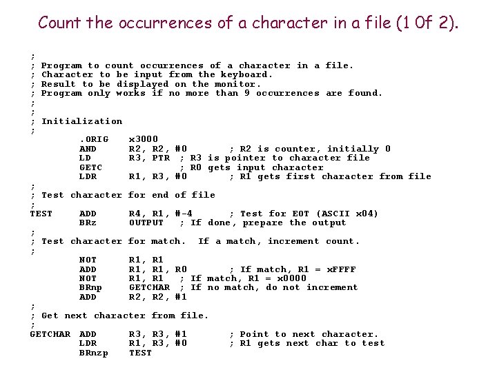 Count the occurrences of a character in a file (1 0 f 2). ;