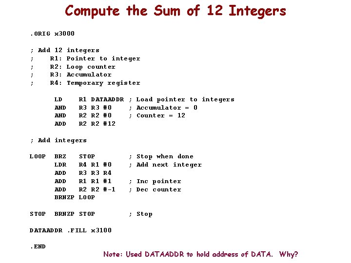 Compute the Sum of 12 Integers. ORIG x 3000 ; Add 12 integers ;