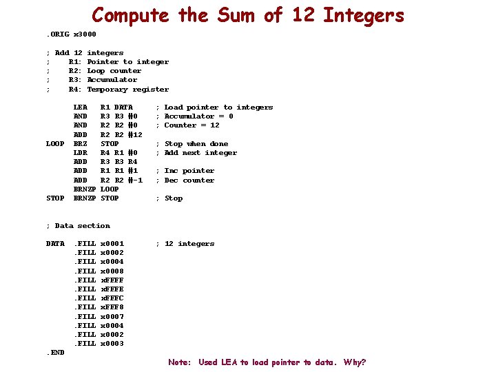 Compute the Sum of 12 Integers. ORIG x 3000 ; Add 12 integers ;