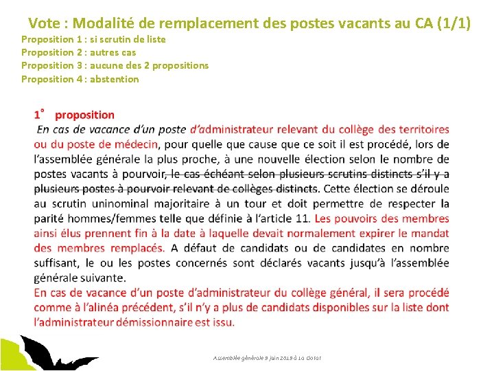 Vote : Modalité de remplacement des postes vacants au CA (1/1) 2 Proposition 1