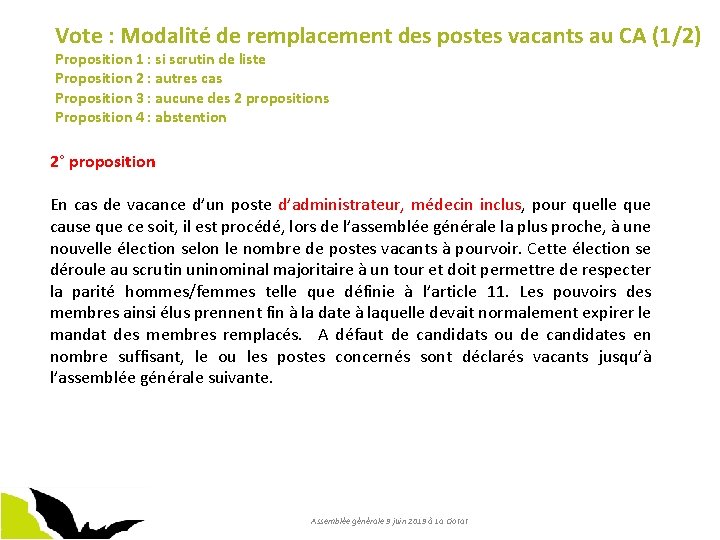 Vote : Modalité de remplacement des postes vacants au CA (1/2) Proposition 1 :