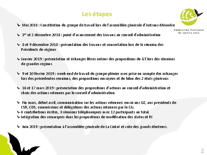  • Les étapes Mai 2018 : Constitution du groupe de travail lors de