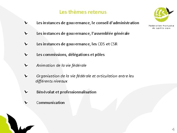 Les thèmes retenus Les instances de gouvernance, le conseil d’administration Les instances de gouvernance,