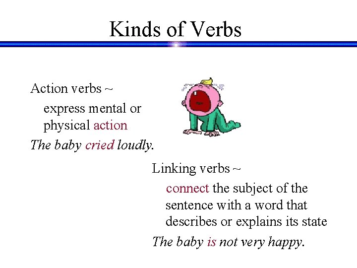 Kinds of Verbs Action verbs ~ express mental or physical action The baby cried