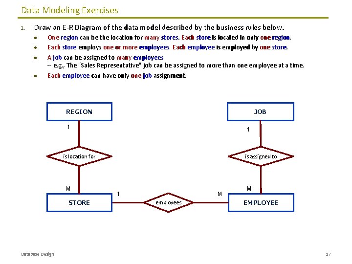Data Modeling Exercises 1. Draw an E-R Diagram of the data model described by Data Modeling Exercises 1. Draw an E-R Diagram of the data model described by