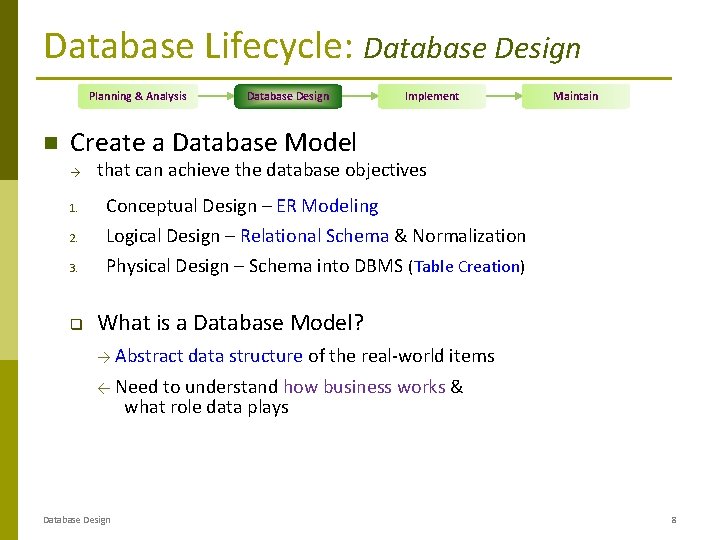 Database Lifecycle: Database Design Planning & Analysis Database Design Implement Maintain Create a Database Database Lifecycle: Database Design Planning & Analysis Database Design Implement Maintain Create a Database