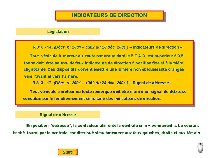 INDICATEURS DE DIRECTION Législation R 313 - 14. (Décr. n° 2001 – 1362 du