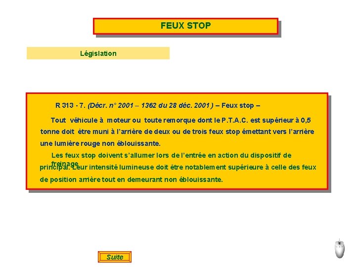 FEUX STOP Législation R 313 - 7. (Décr. n° 2001 – 1362 du 28