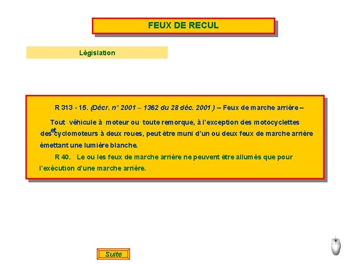 FEUX DE RECUL Législation R 313 - 15. (Décr. n° 2001 – 1362 du