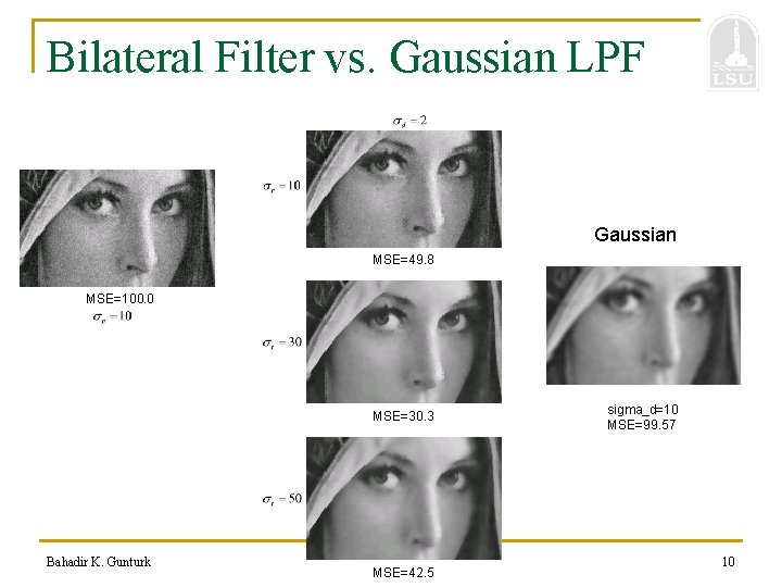 Bilateral Filter vs. Gaussian LPF Gaussian MSE=49. 8 MSE=100. 0 MSE=30. 3 Bahadir K.