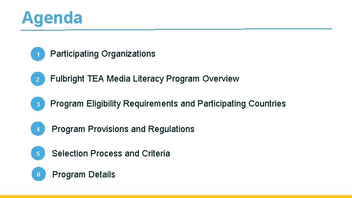 Agenda 1 Participating Organizations 2 Fulbright TEA Media Literacy Program Overview 3 Program Eligibility