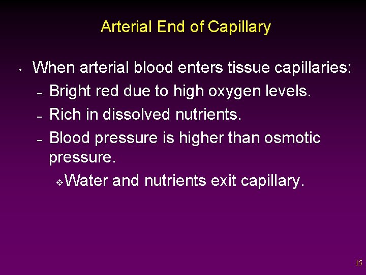 Arterial End of Capillary • When arterial blood enters tissue capillaries: – Bright red