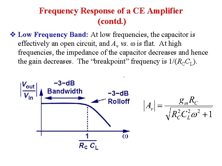 Frequency Response of a CE Amplifier (contd. ) v Low Frequency Band: At low