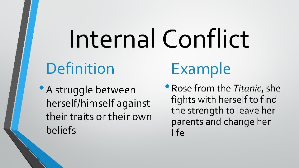 Internal Conflict Definition • A struggle between herself/himself against their traits or their own