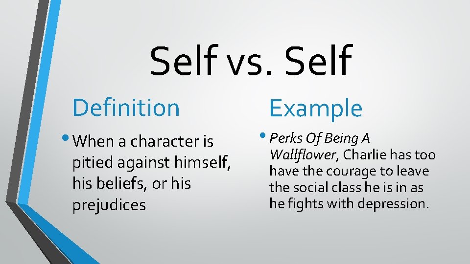 Self vs. Self Definition • When a character is pitied against himself, his beliefs,