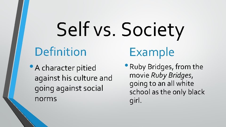 Self vs. Society Definition • A character pitied against his culture and going against