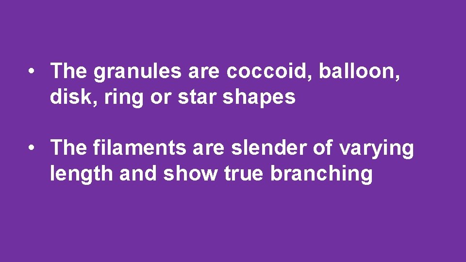  • The granules are coccoid, balloon, disk, ring or star shapes • The