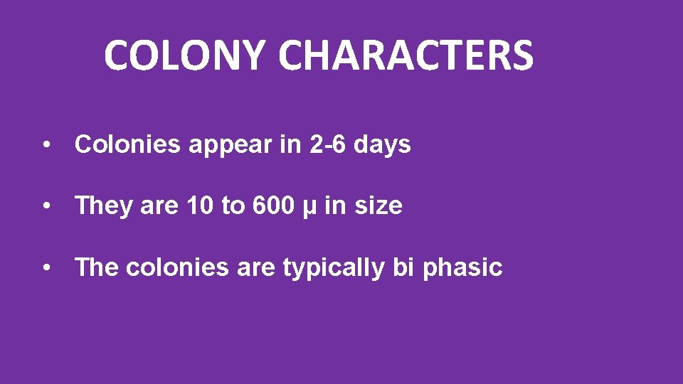 COLONY CHARACTERS • Colonies appear in 2 -6 days • They are 10 to