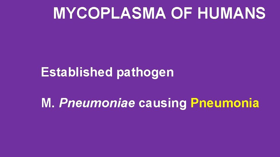 MYCOPLASMA OF HUMANS Established pathogen M. Pneumoniae causing Pneumonia 