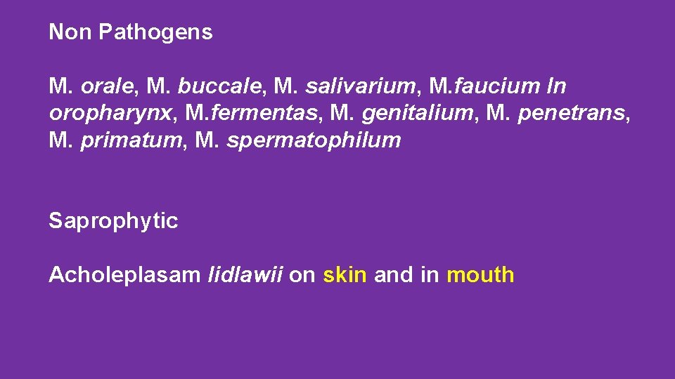 Non Pathogens M. orale, M. buccale, M. salivarium, M. faucium In oropharynx, M. fermentas,