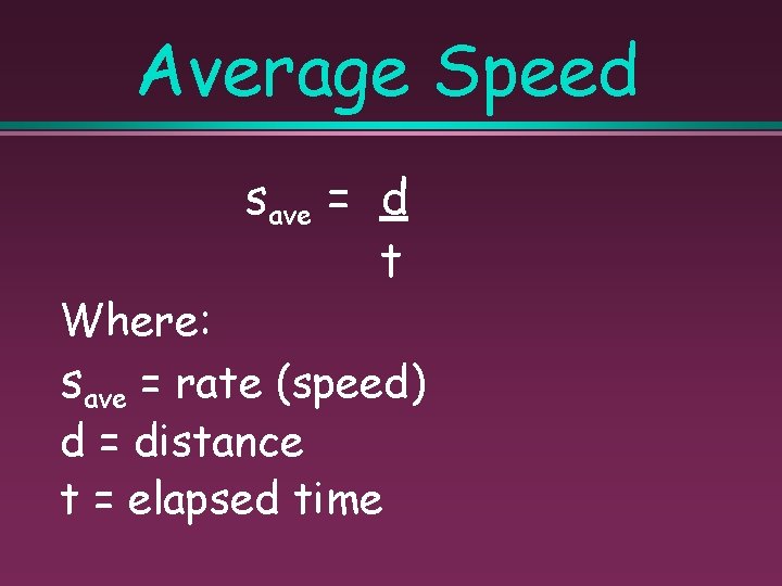 Average Speed save = d t Where: save = rate (speed) d = distance