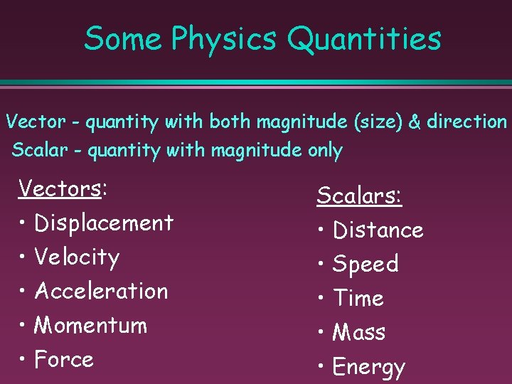 Some Physics Quantities Vector - quantity with both magnitude (size) & direction Scalar -