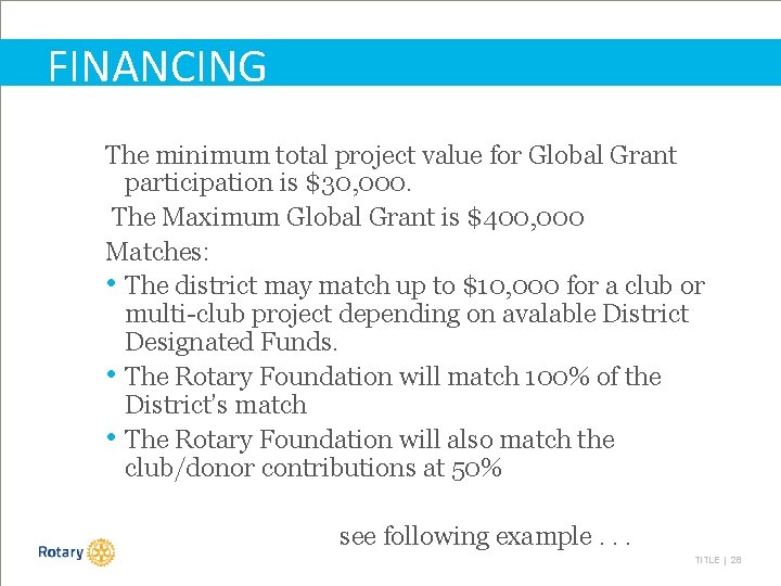 FINANCING The minimum total project value for Global Grant participation is $30, 000. The