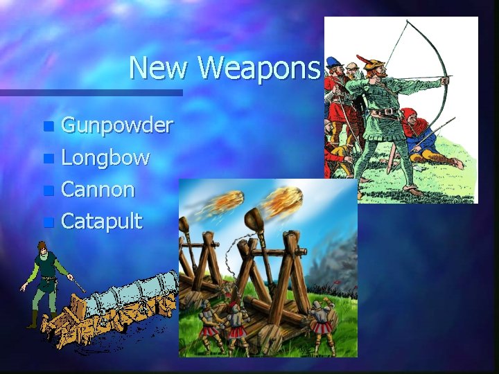 New Weapons Gunpowder n Longbow n Cannon n Catapult n New Weapons Gunpowder n Longbow n Cannon n Catapult n