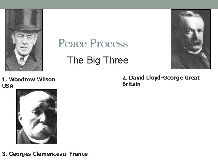 Peace Process The Big Three 1. Woodrow Wilson USA 3. Georges Clemenceau France 2.