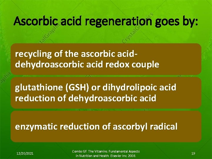 Ascorbic acid regeneration goes by: recycling of the ascorbic aciddehydroascorbic acid redox couple glutathione