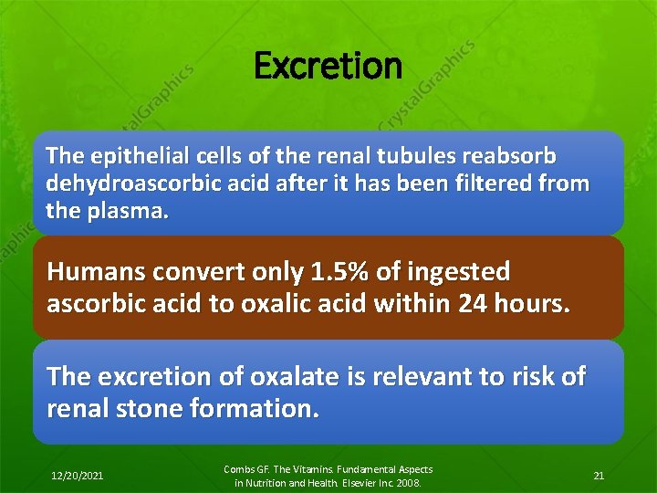 Excretion The epithelial cells of the renal tubules reabsorb dehydroascorbic acid after it has