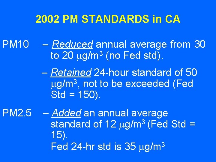 2002 PM STANDARDS in CA PM 10 – Reduced annual average from 30 to