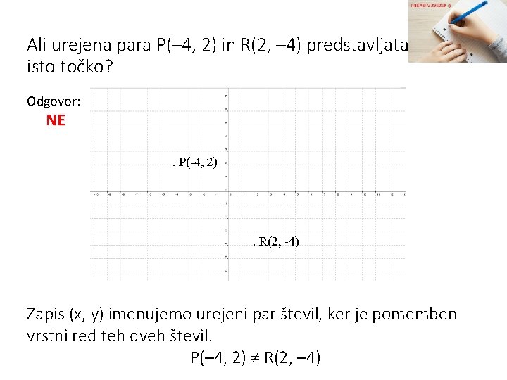 Ali urejena para P(– 4, 2) in R(2, – 4) predstavljata isto točko? Odgovor: