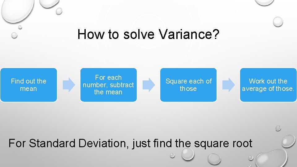How to solve Variance? Find out the mean For each number, subtract the mean