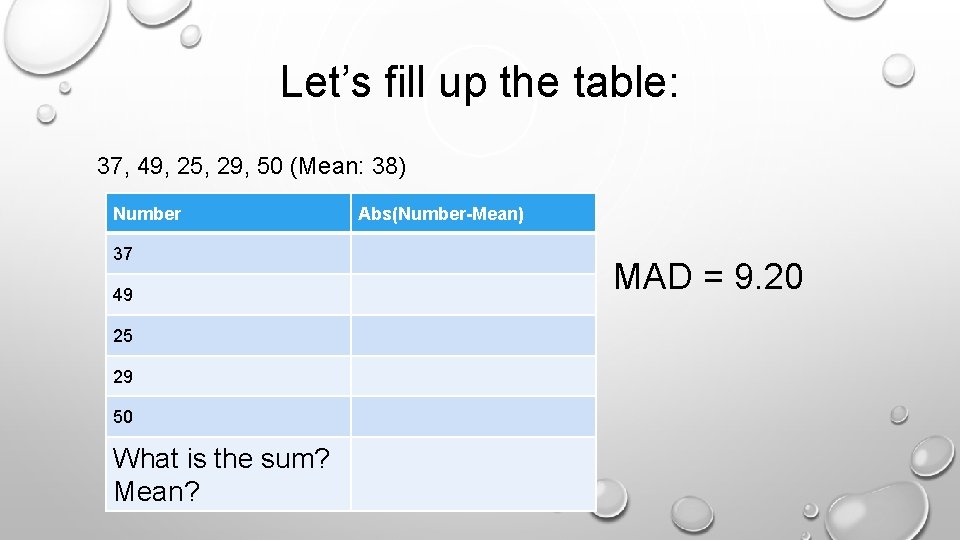 Let’s fill up the table: 37, 49, 25, 29, 50 (Mean: 38) Number 37