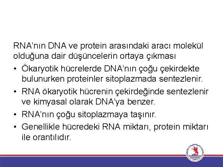 RNA’nın DNA ve protein arasındaki aracı molekül olduğuna dair düşüncelerin ortaya çıkması • Ökaryotik