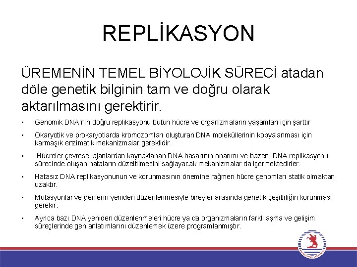 REPLİKASYON ÜREMENİN TEMEL BİYOLOJİK SÜRECİ atadan döle genetik bilginin tam ve doğru olarak aktarılmasını