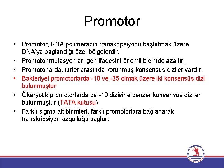 Promotor • Promotor, RNA polimerazın transkripsiyonu başlatmak üzere DNA’ya bağlandığı özel bölgelerdir. • Promotor