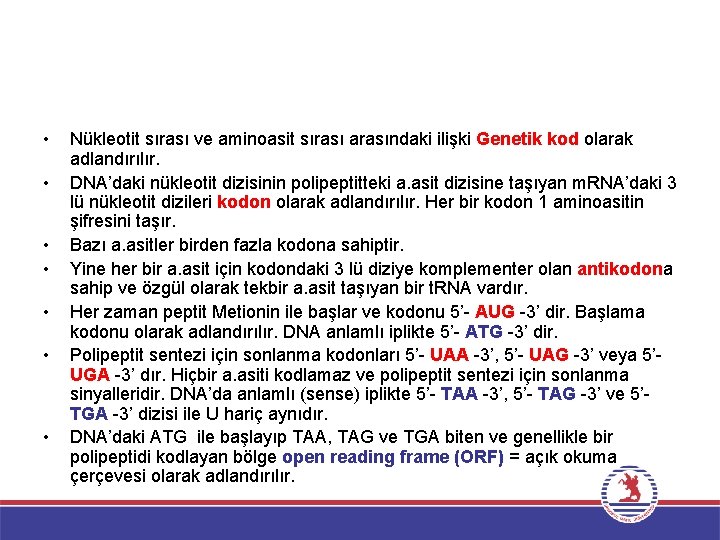  • • Nükleotit sırası ve aminoasit sırası arasındaki ilişki Genetik kod olarak adlandırılır.
