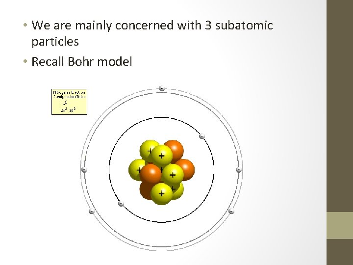 • We are mainly concerned with 3 subatomic particles • Recall Bohr model  • We are mainly concerned with 3 subatomic particles • Recall Bohr model