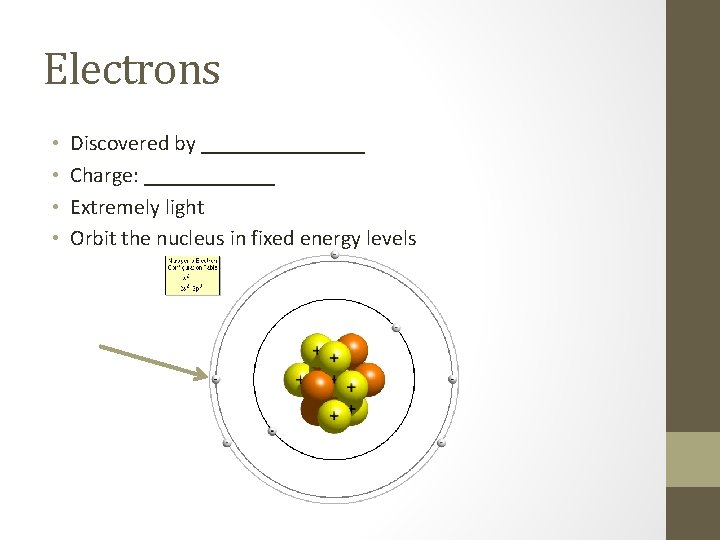Electrons • • Discovered by ________ Charge: ______ Extremely light Orbit the nucleus in Electrons • • Discovered by ________ Charge: ______ Extremely light Orbit the nucleus in