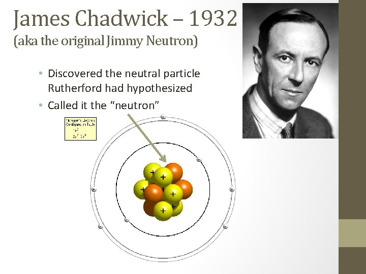 James Chadwick – 1932 (aka the original Jimmy Neutron) • Discovered the neutral particle James Chadwick – 1932 (aka the original Jimmy Neutron) • Discovered the neutral particle