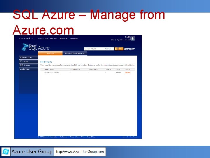 SQL Azure – Manage from Azure. com SQL Azure – Manage from Azure. com