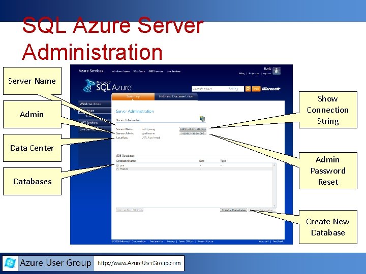 SQL Azure Server Administration Server Name Admin Show Connection String Data Center Databases Admin SQL Azure Server Administration Server Name Admin Show Connection String Data Center Databases Admin