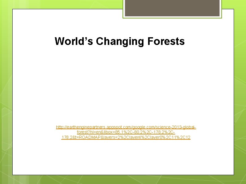 World’s Changing Forests http: //earthenginepartners. appspot. com/google. com/science-2013 -globalforest? hl=en&llbox=85. 1%2 C-80. 2%2 C-178.