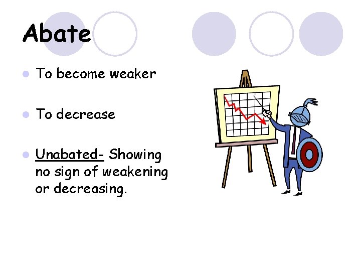 Abate l To become weaker l To decrease l Unabated- Showing no sign of